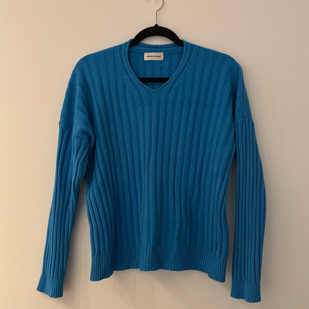 Sandro Ribbed Blue Vneck Sweater